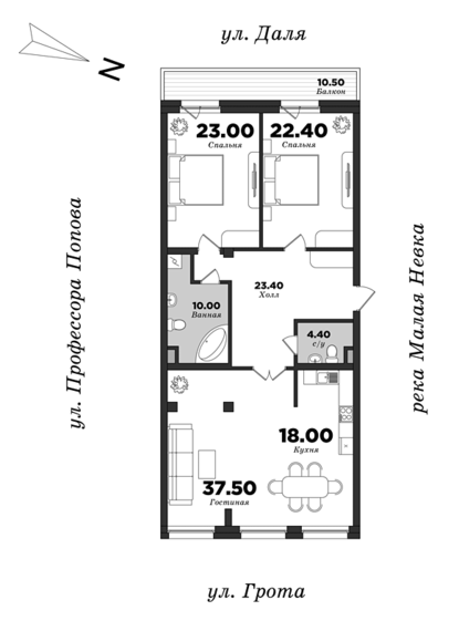 Дом на улице Грота, Корпус 1, 2 спальни, 135.52 м² | планировка элитных квартир Санкт-Петербурга | М16
